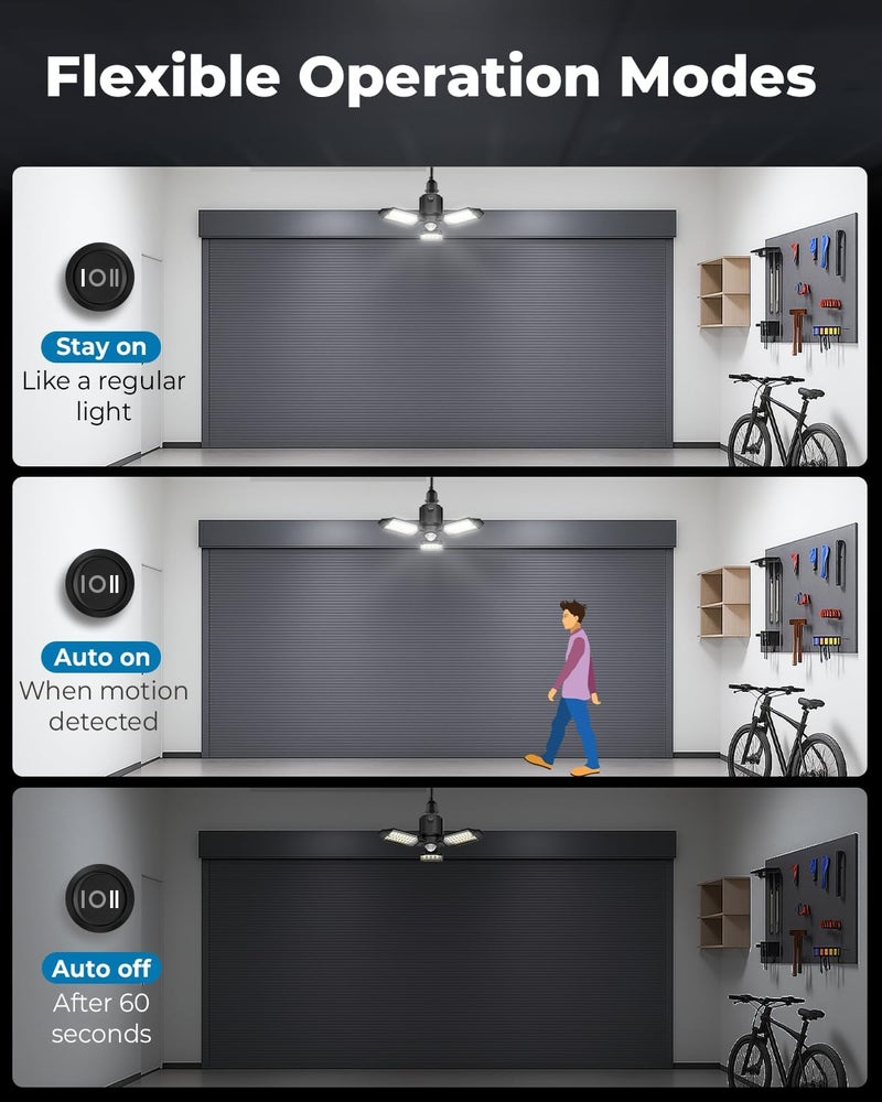 toberich Motion Sensor Garage Light, 8000LM LED Garage Lights Motion Activated, 3 Switch Modes, 6500K Indoor Motion Sensor Light Bulb for Garage, Stairway, Laundry Room, Basement (1 Pack) - Image 3